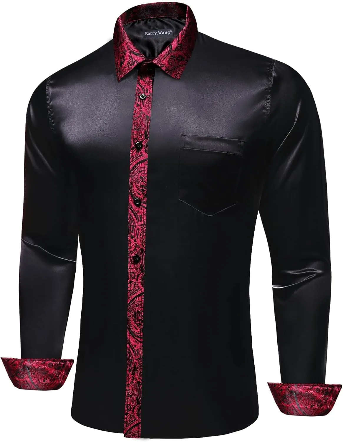 Barry.Wang Mens Satin Silk Shirts Long Sleeve Designer Dress Shirt Shiny Untucked Casual Button Down Shirt Party Disco Formal