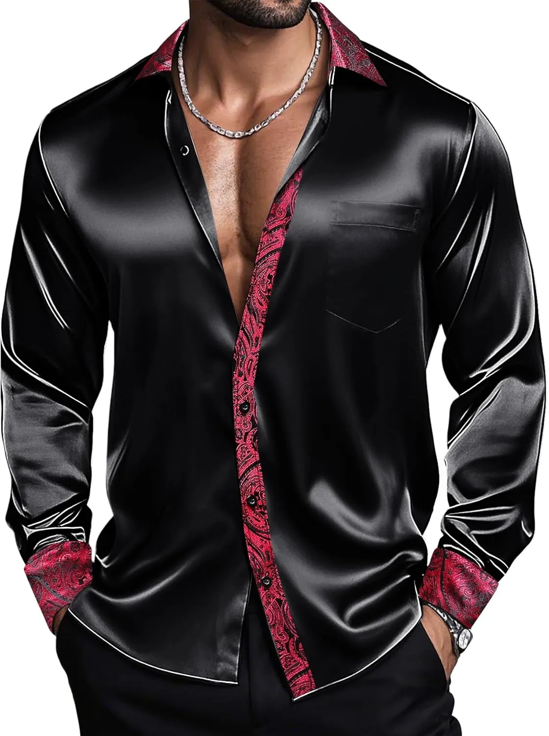 Barry.Wang Mens Satin Silk Shirts Long Sleeve Designer Dress Shirt Shiny Untucked Casual Button Down Shirt Party Disco Formal