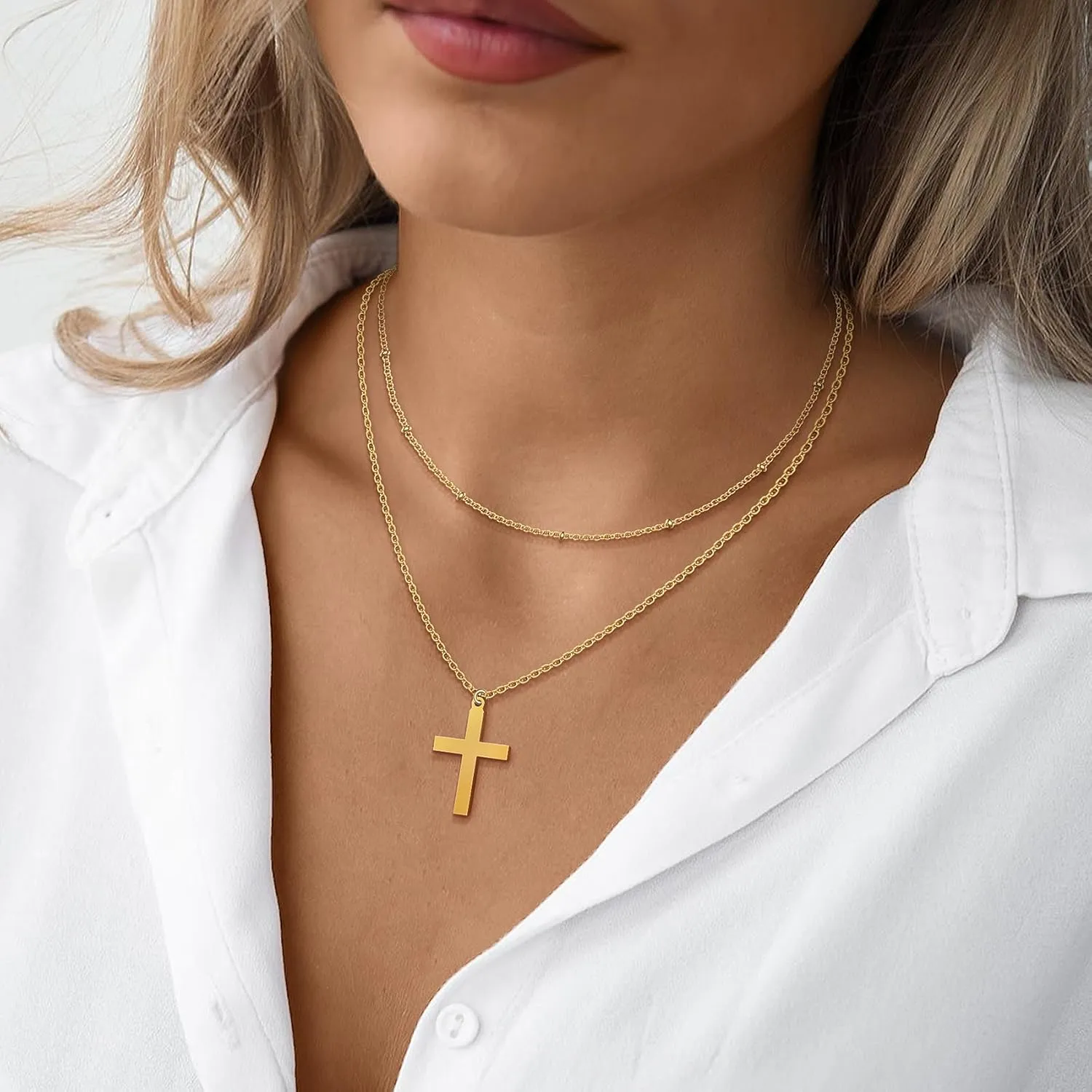 Bassion Cross Necklace for Women, 18K Gold Plated Dainty Layered Necklaces Adjustable Cross Pendant Choker Chain Necklace Jewelry