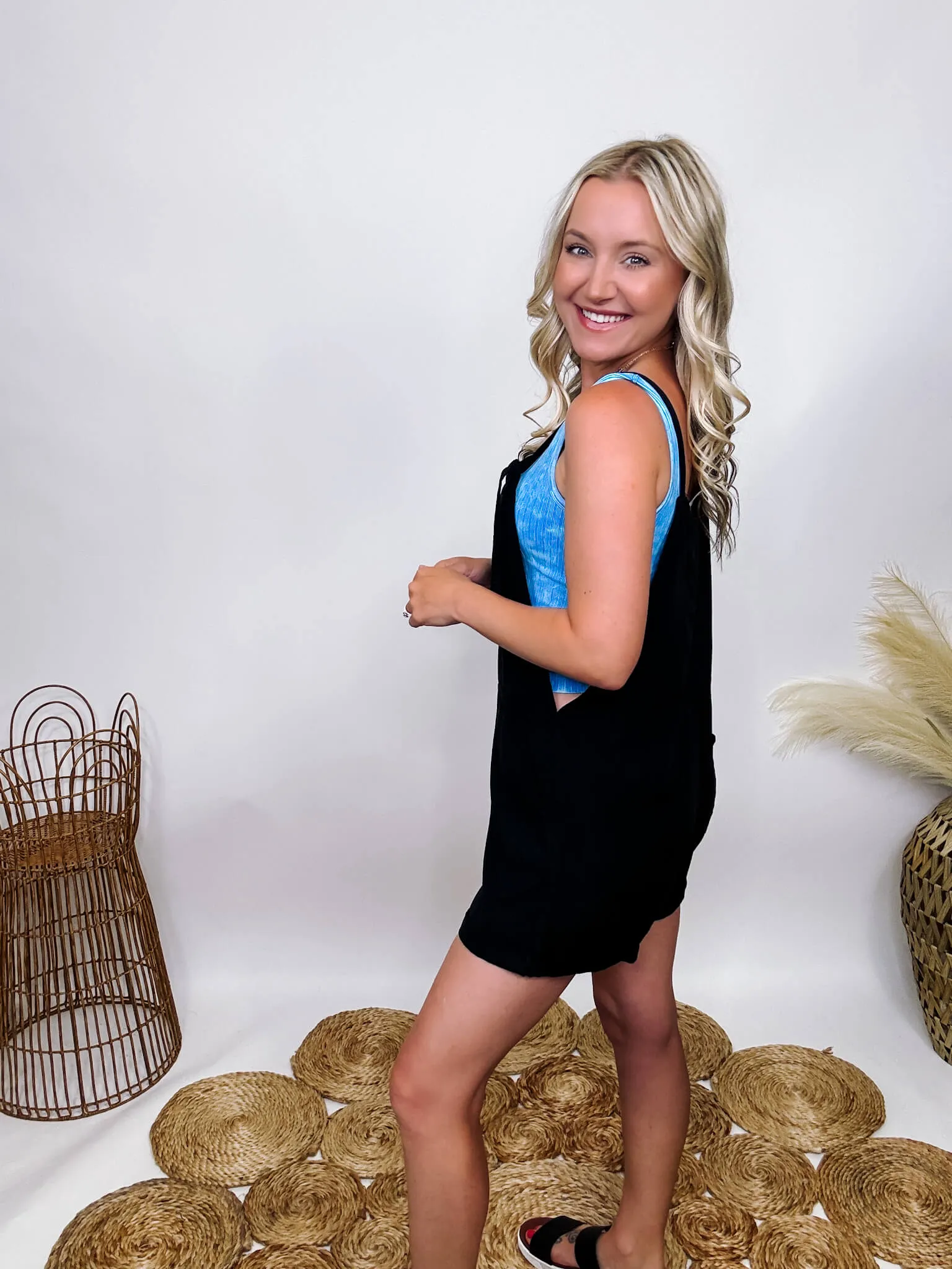 Black Tencel Short Overalls Romper