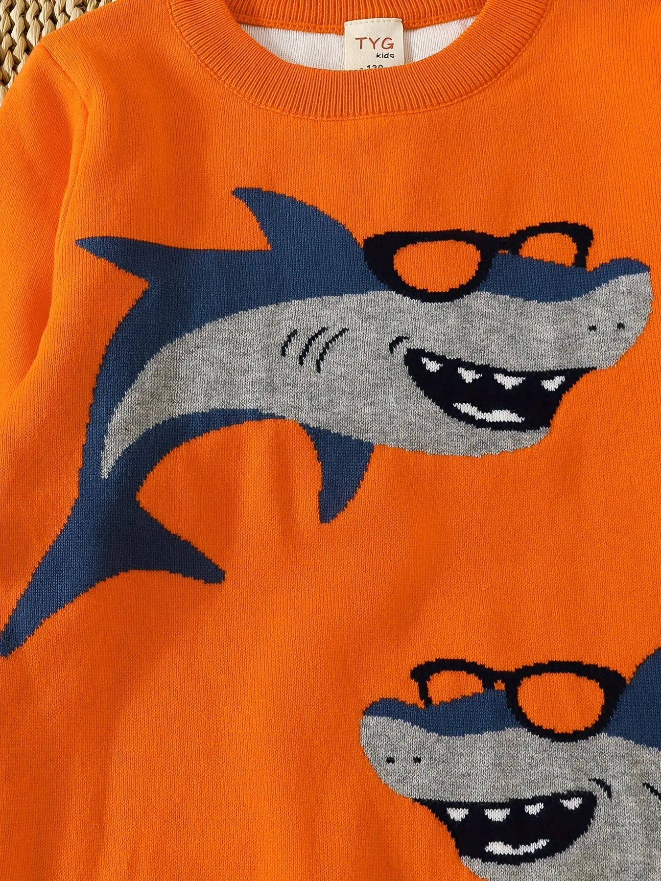 Boys Stylish Shark Pattern Sweater Round Neck Long Sleeve Stretch Warm Knit Pullover Top Kids Clothes Outdoor