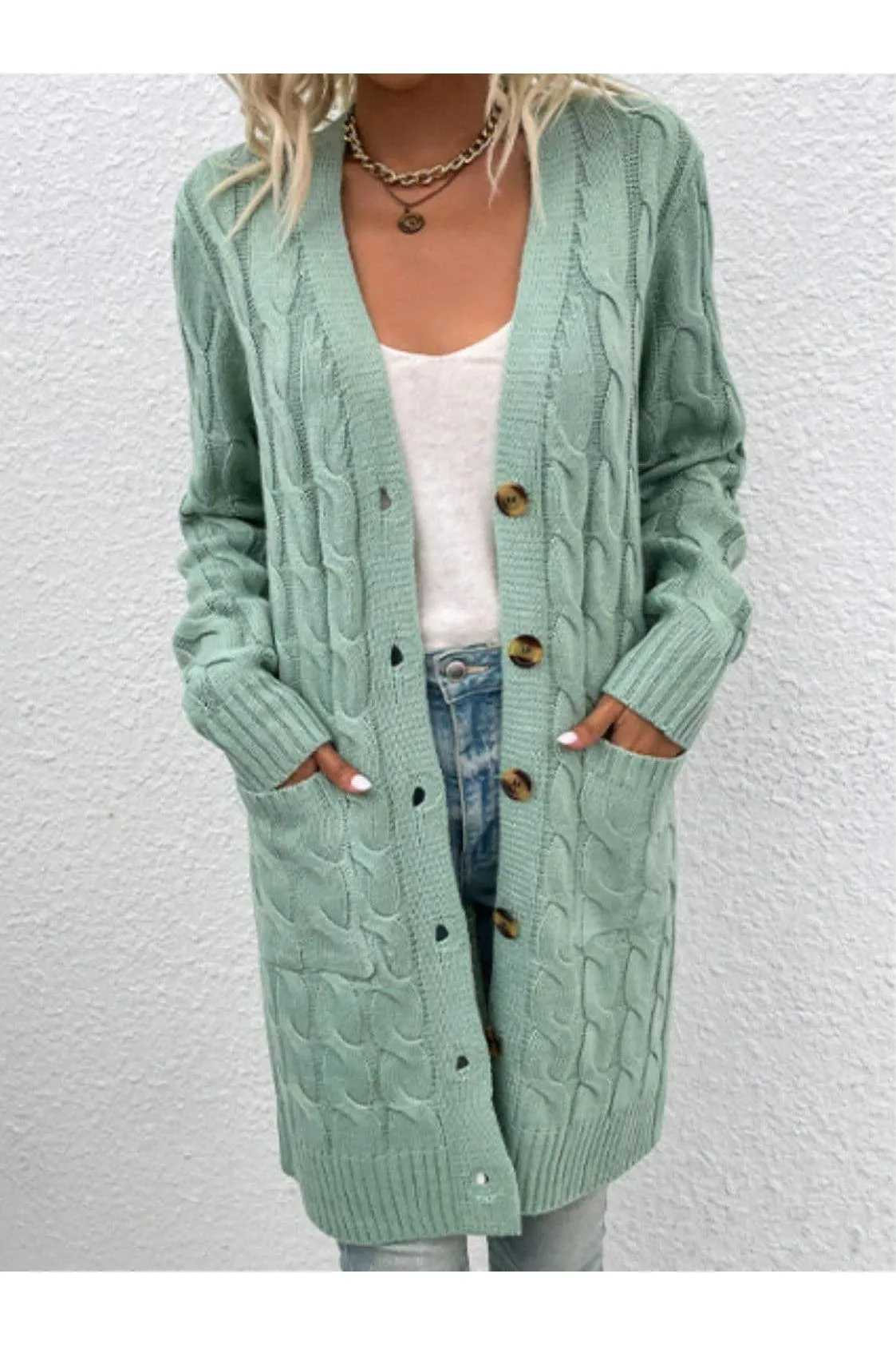 Cable-Knit Button Down Cardigan with Pockets, Multiple Colors
