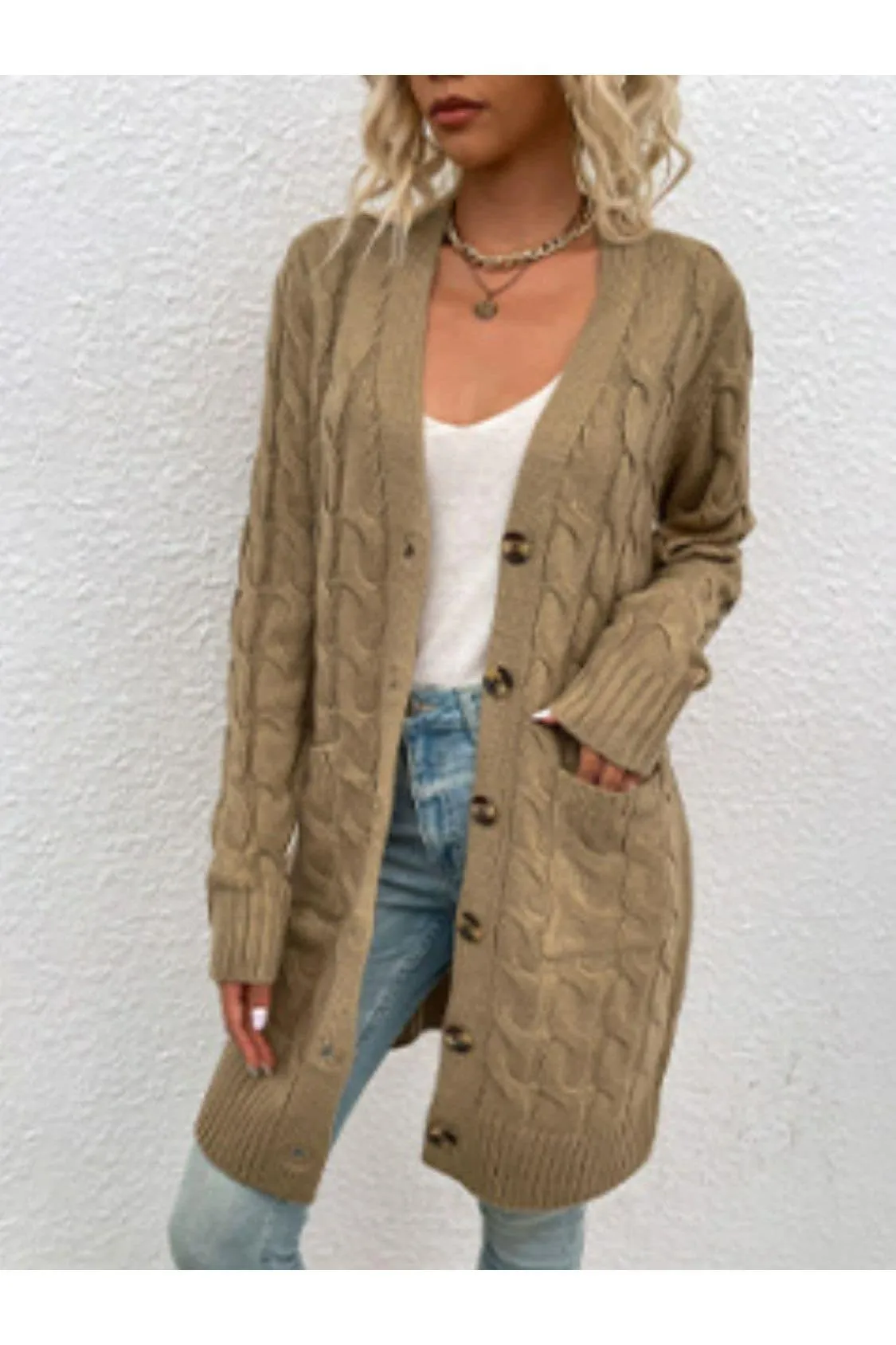 Cable-Knit Button Down Cardigan with Pockets, Multiple Colors