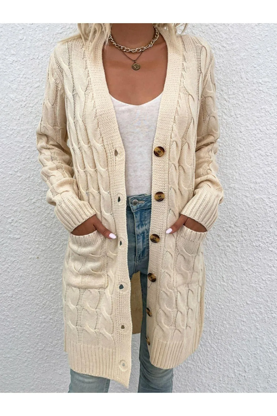 Cable-Knit Button Down Cardigan with Pockets, Multiple Colors