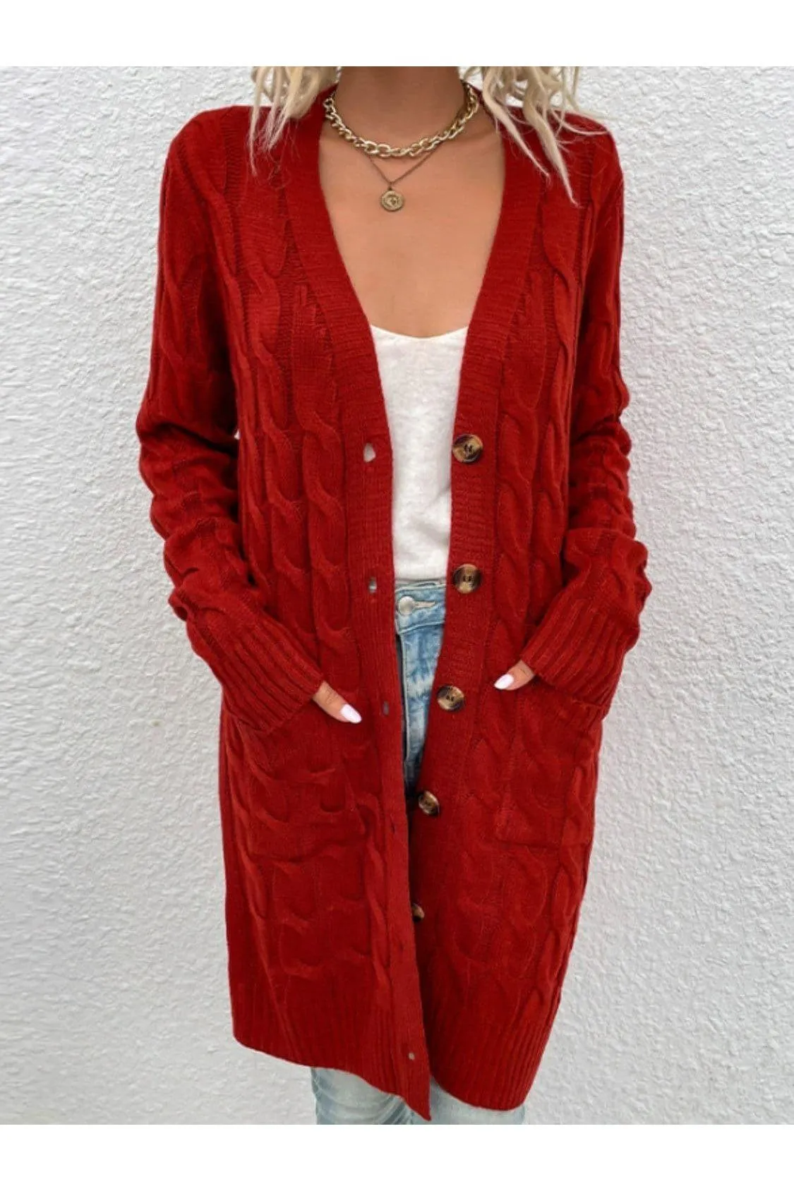 Cable-Knit Button Down Cardigan with Pockets, Multiple Colors