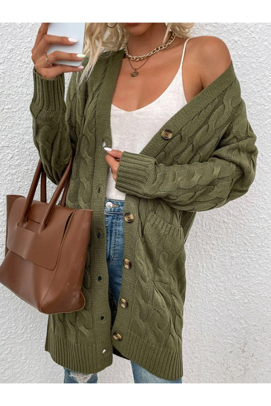 Cable-Knit Button Down Cardigan with Pockets, Multiple Colors