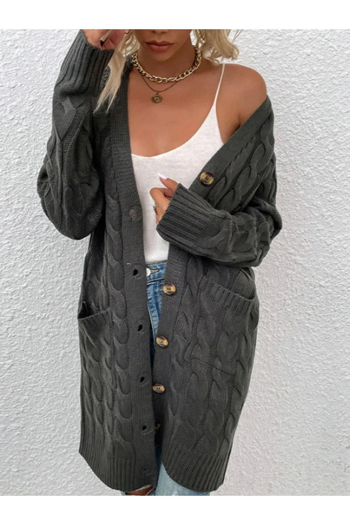 Cable-Knit Button Down Cardigan with Pockets, Multiple Colors