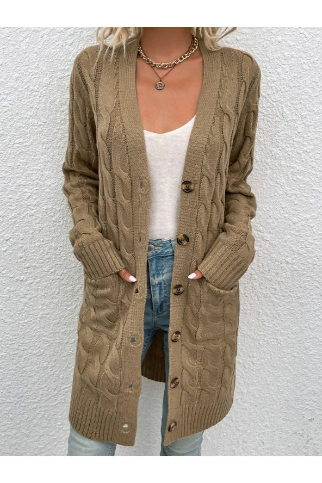 Cable-Knit Button Down Cardigan with Pockets, Multiple Colors