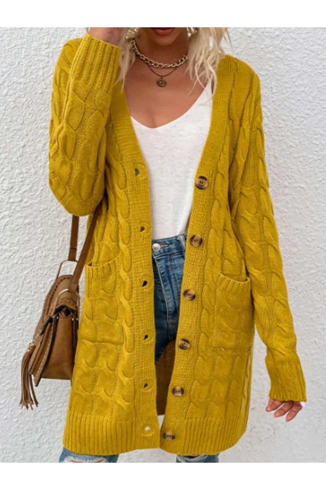 Cable-Knit Button Down Cardigan with Pockets, Multiple Colors