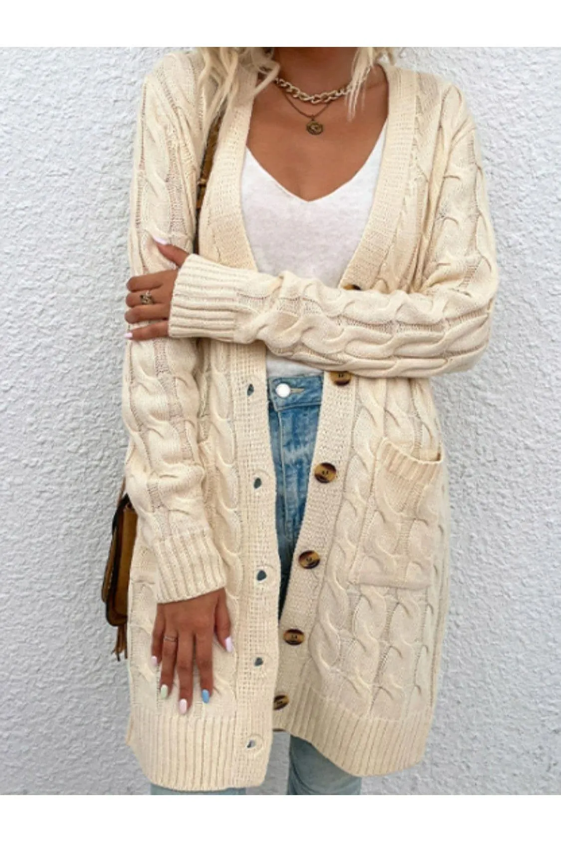 Cable-Knit Button Down Cardigan with Pockets, Multiple Colors