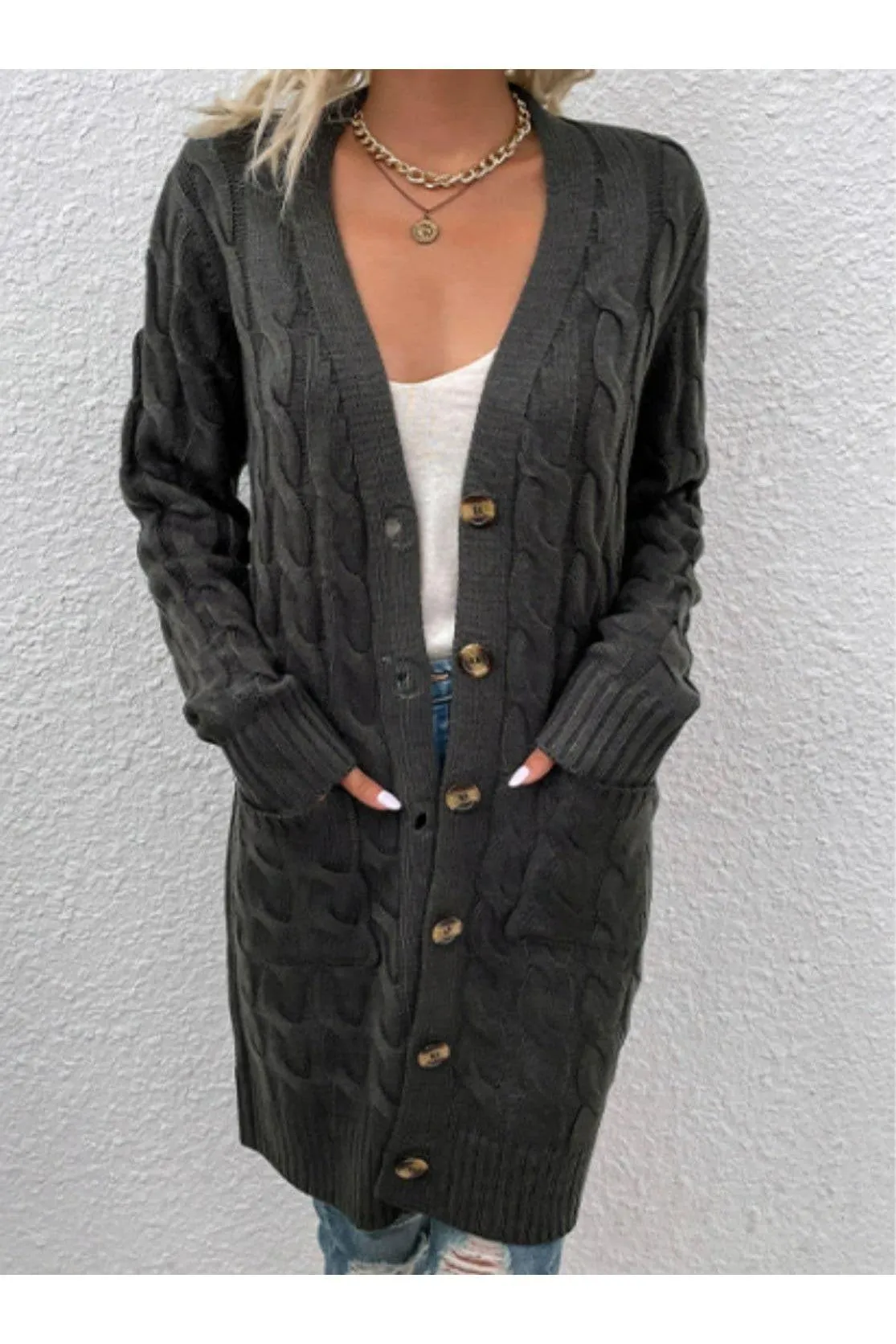 Cable-Knit Button Down Cardigan with Pockets, Multiple Colors