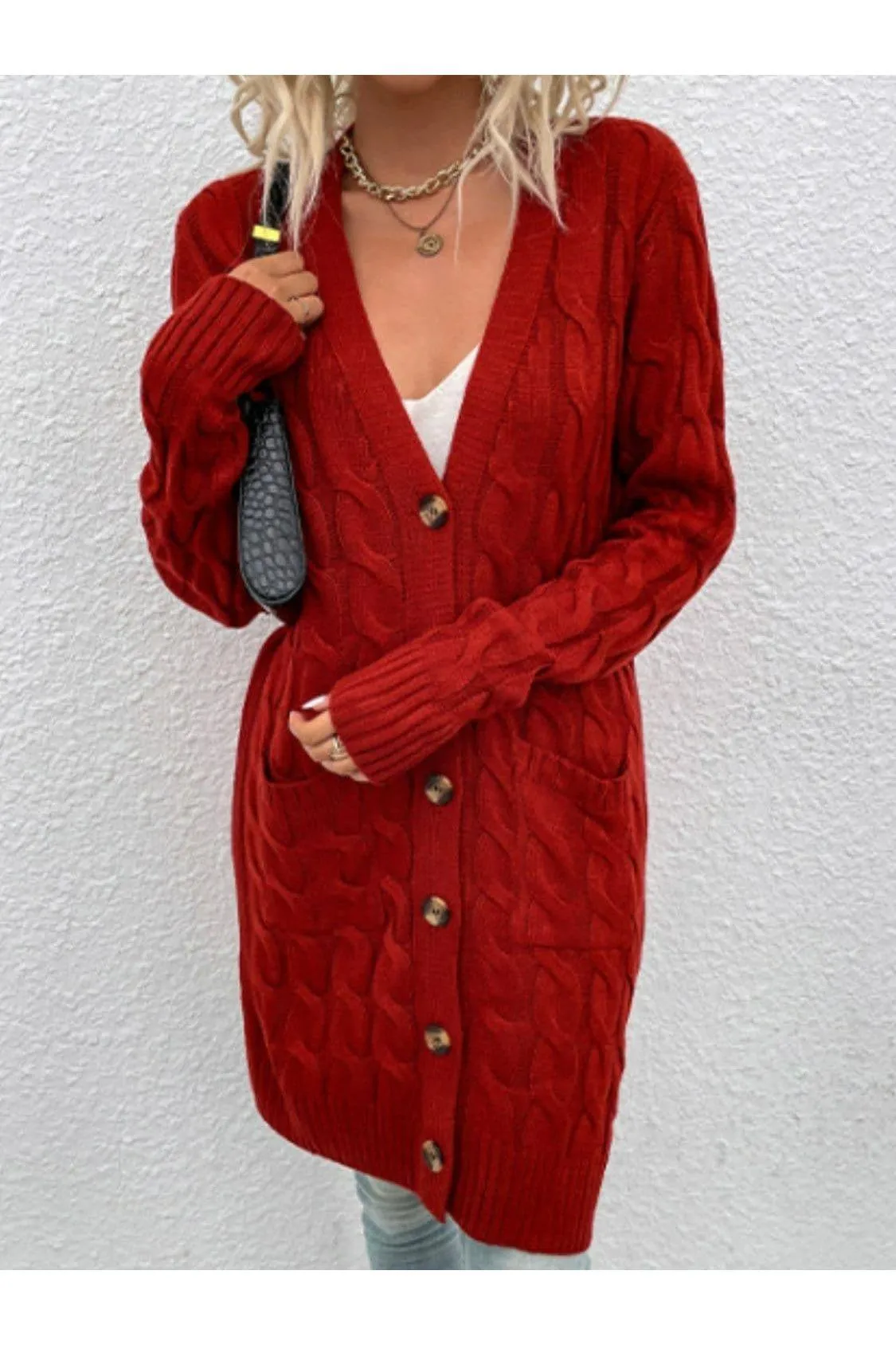 Cable-Knit Button Down Cardigan with Pockets, Multiple Colors