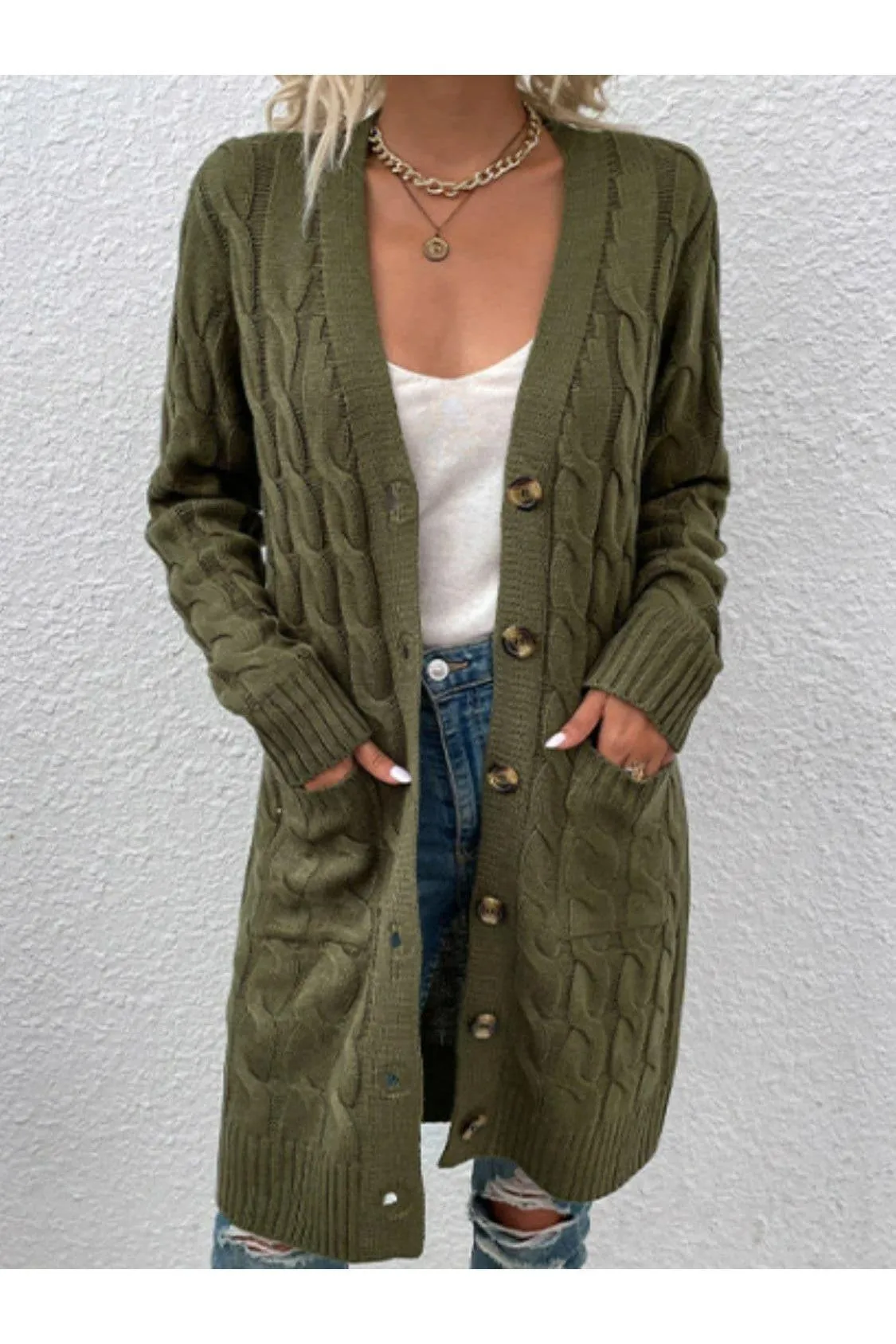 Cable-Knit Button Down Cardigan with Pockets, Multiple Colors