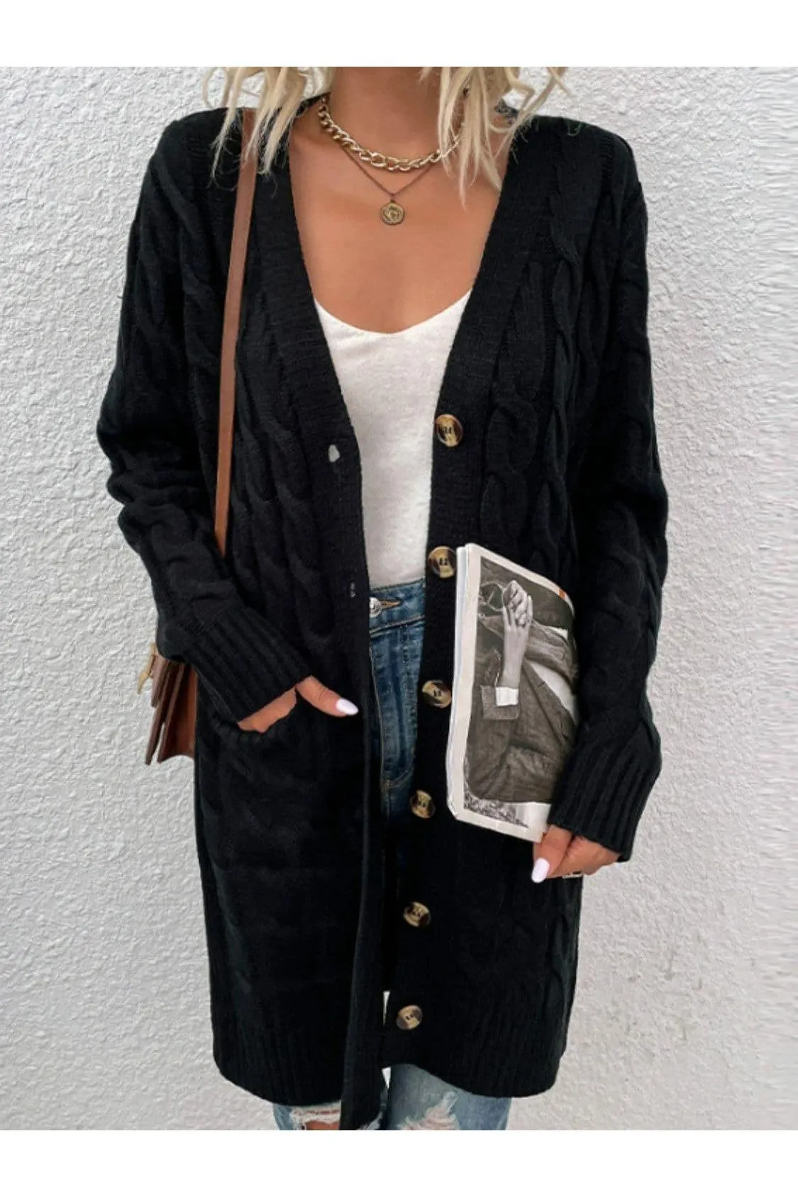 Cable-Knit Button Down Cardigan with Pockets, Multiple Colors