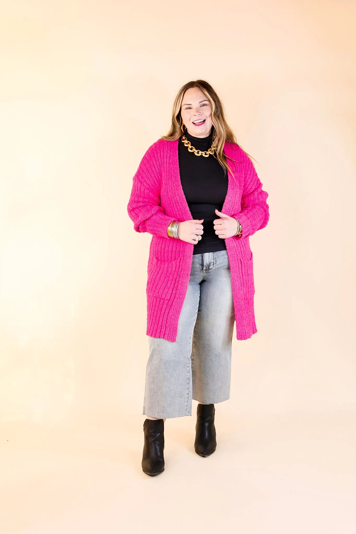 Cold Brew And Cuddles Long Sleeve Cardigan with Pockets in Hot Pink