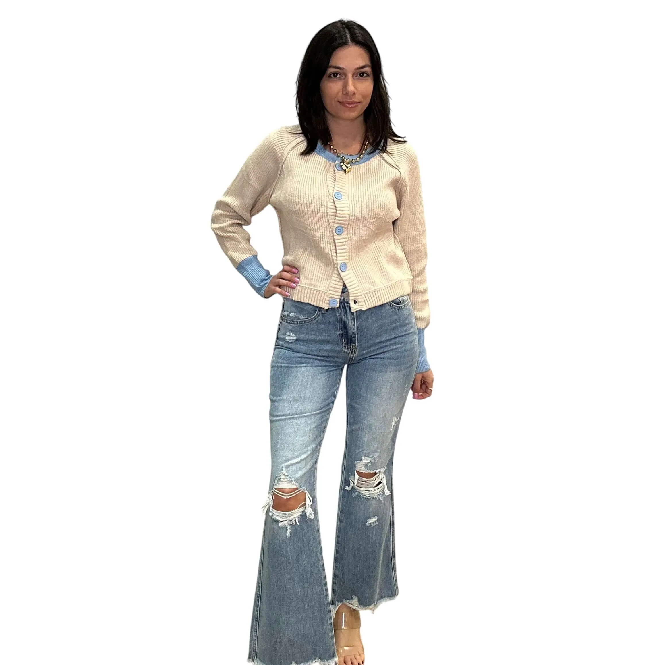 Contrast Knit Button Down Cardigan