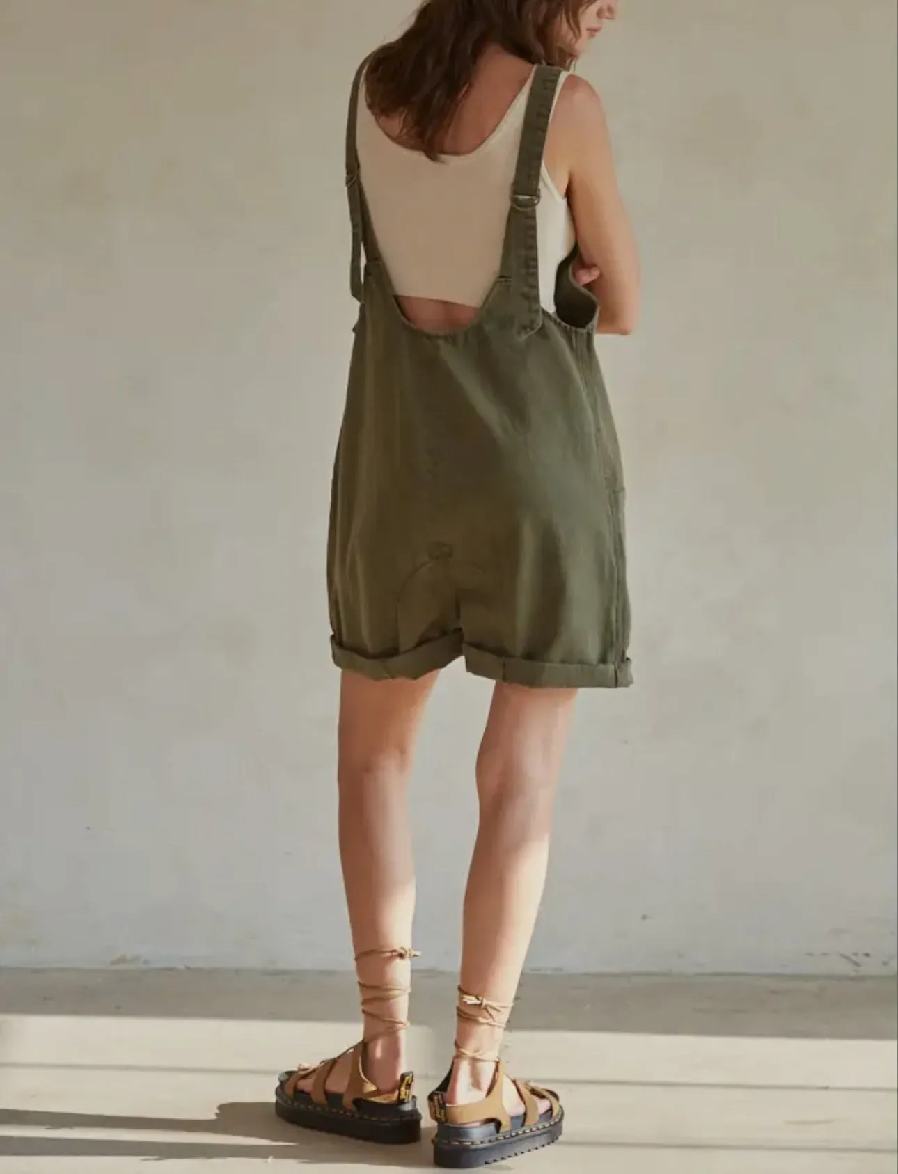 Denim Wide Leg Overall Romper In Olive By Together ONLY 2 LEFT!