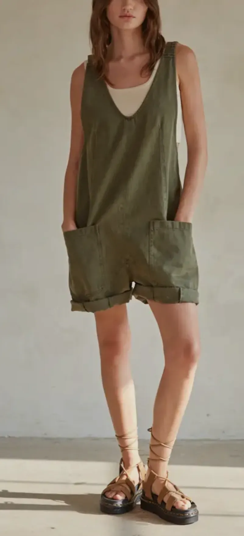 Denim Wide Leg Overall Romper In Olive By Together ONLY 2 LEFT!