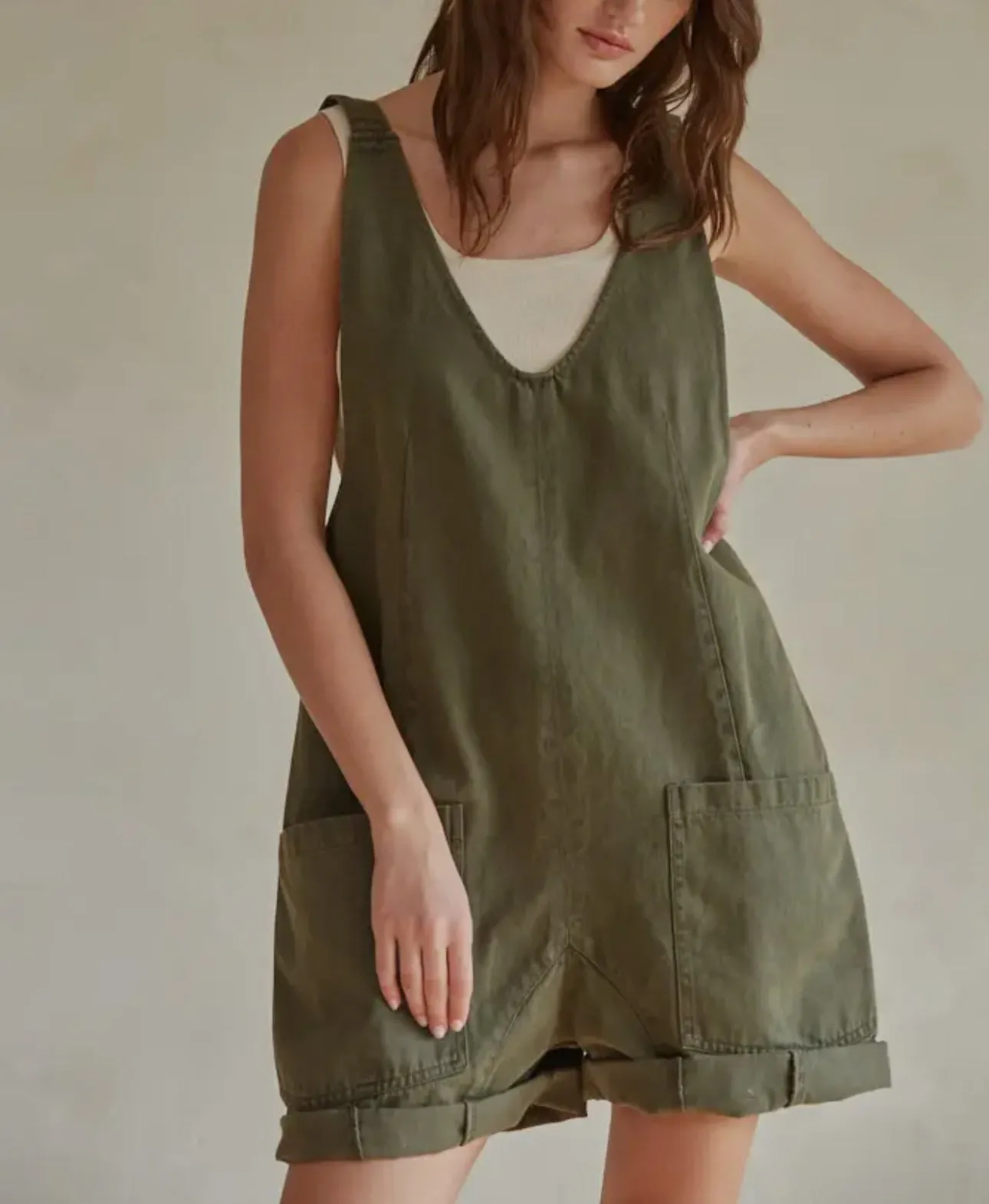 Denim Wide Leg Overall Romper In Olive By Together ONLY 2 LEFT!