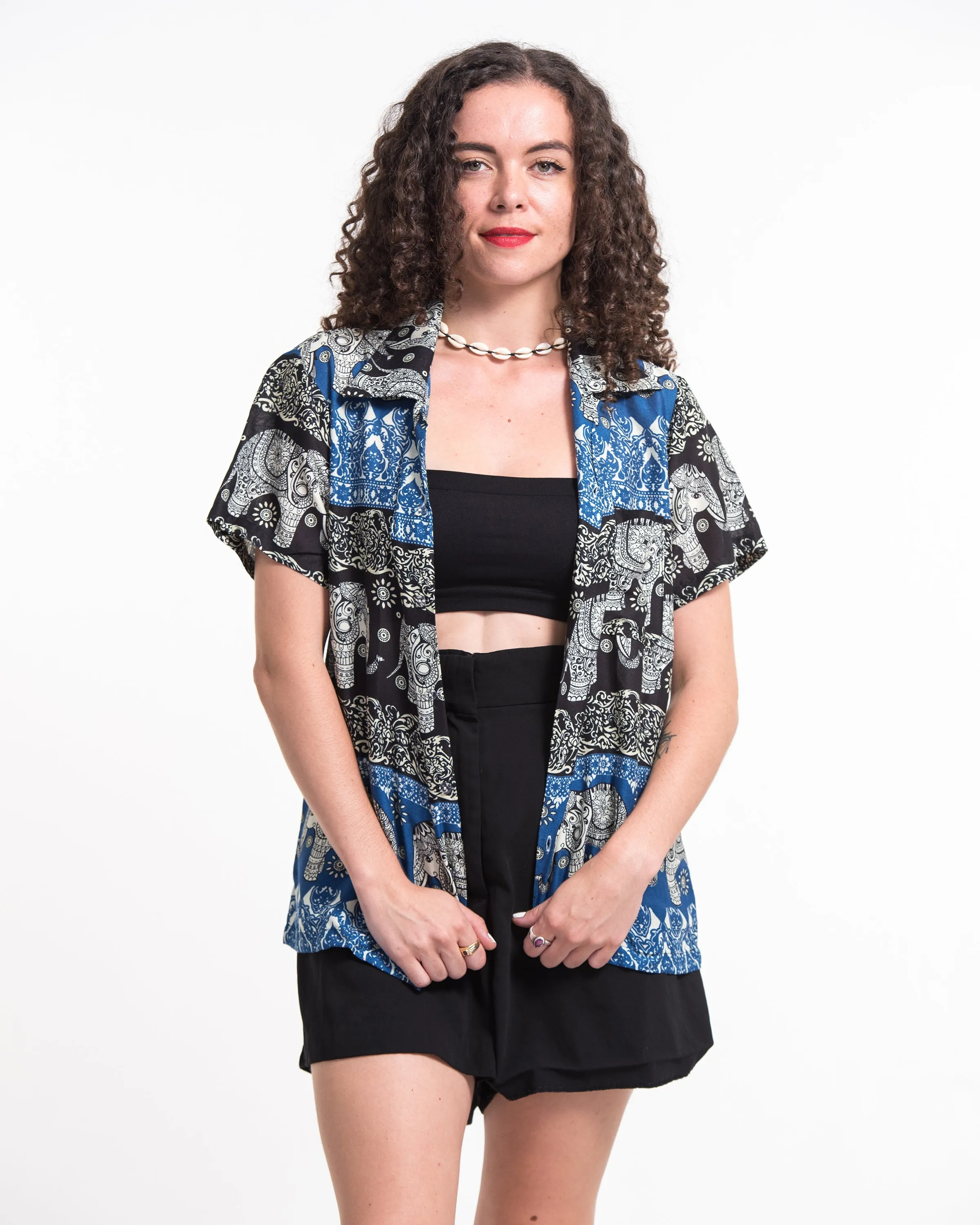 Divine Elephant Short Sleeve Button Shirt in Blue