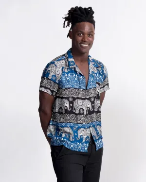 Divine Elephant Short Sleeve Button Shirt in Blue