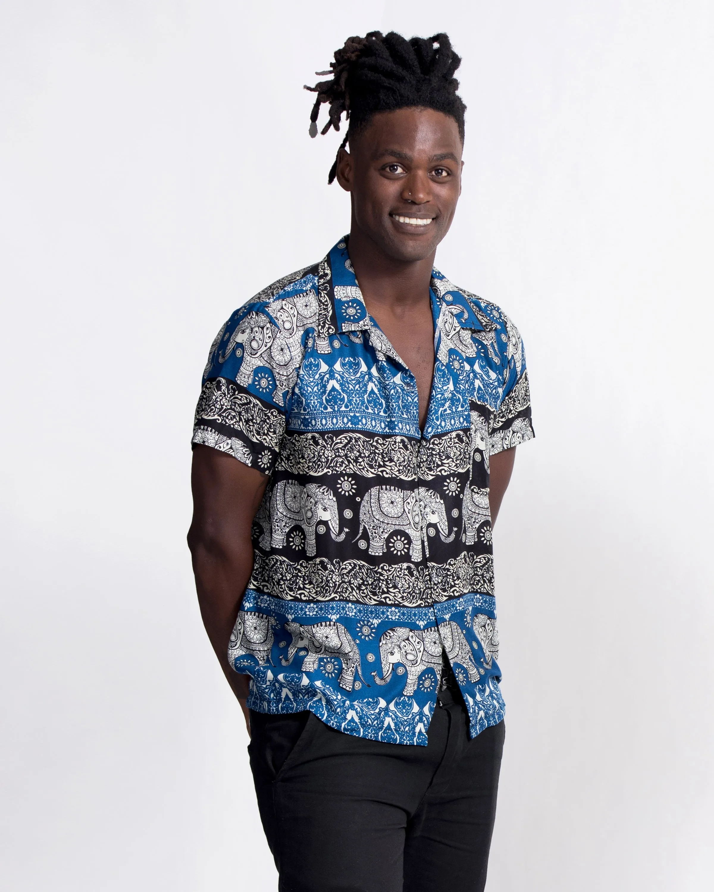 Divine Elephant Short Sleeve Button Shirt in Blue