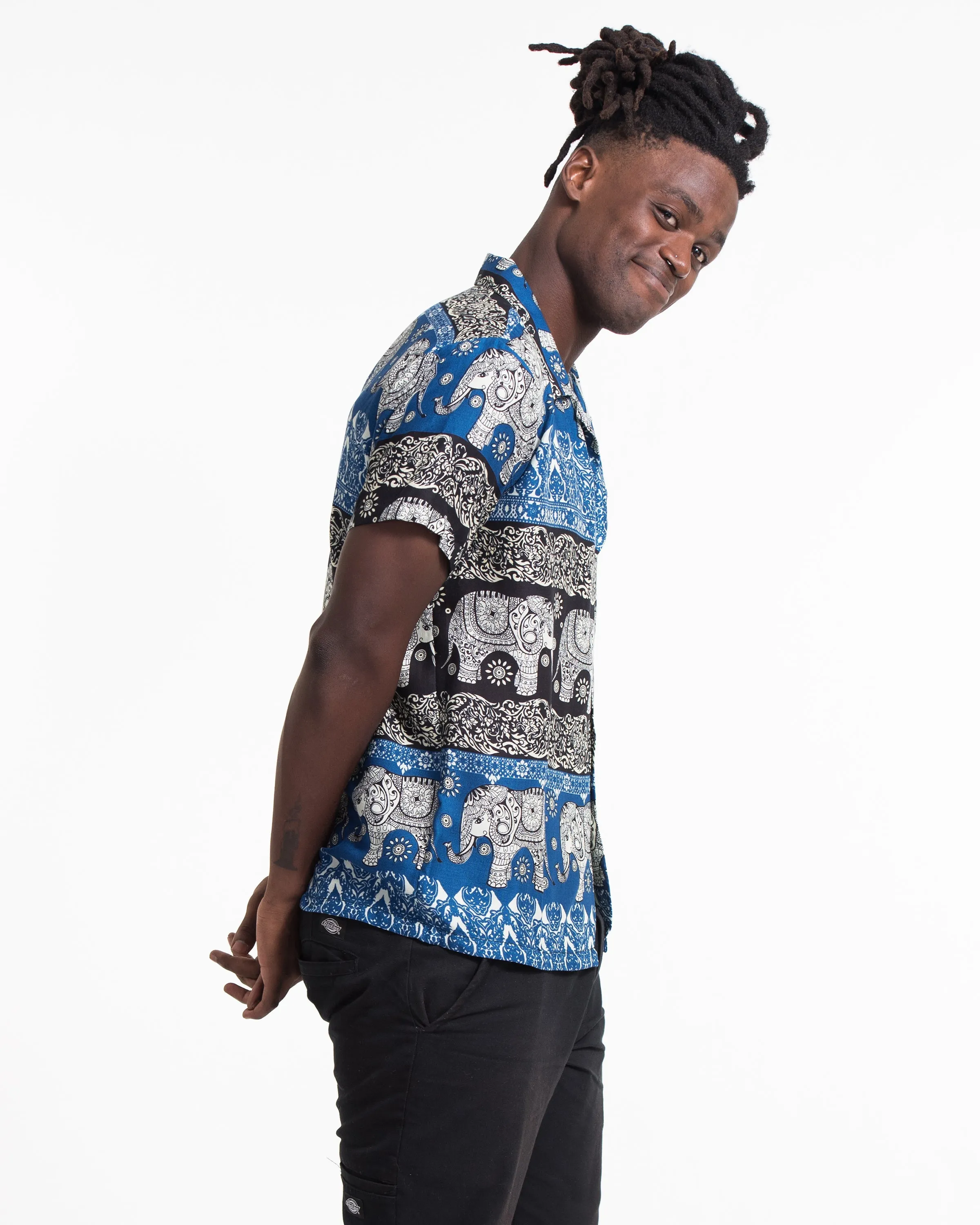Divine Elephant Short Sleeve Button Shirt in Blue