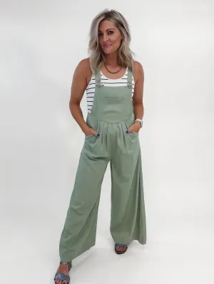 Effortlessly Chic Linen Wide Leg Overalls, Sage