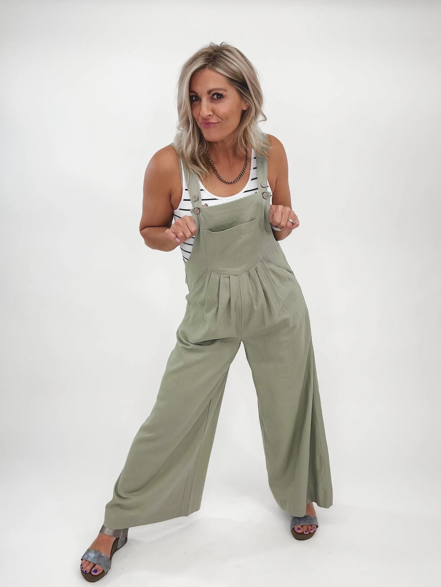 Effortlessly Chic Linen Wide Leg Overalls, Sage