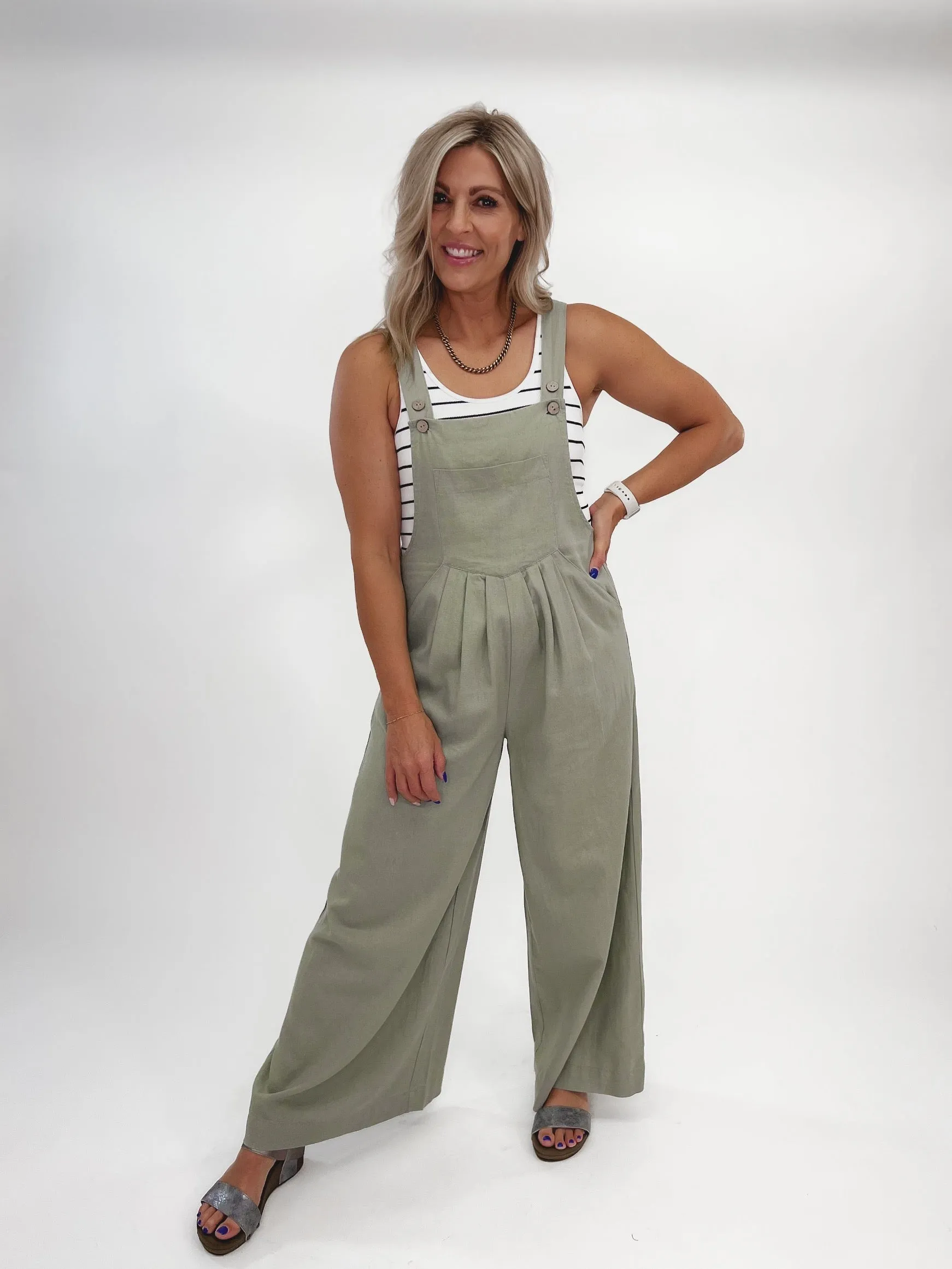Effortlessly Chic Linen Wide Leg Overalls, Sage