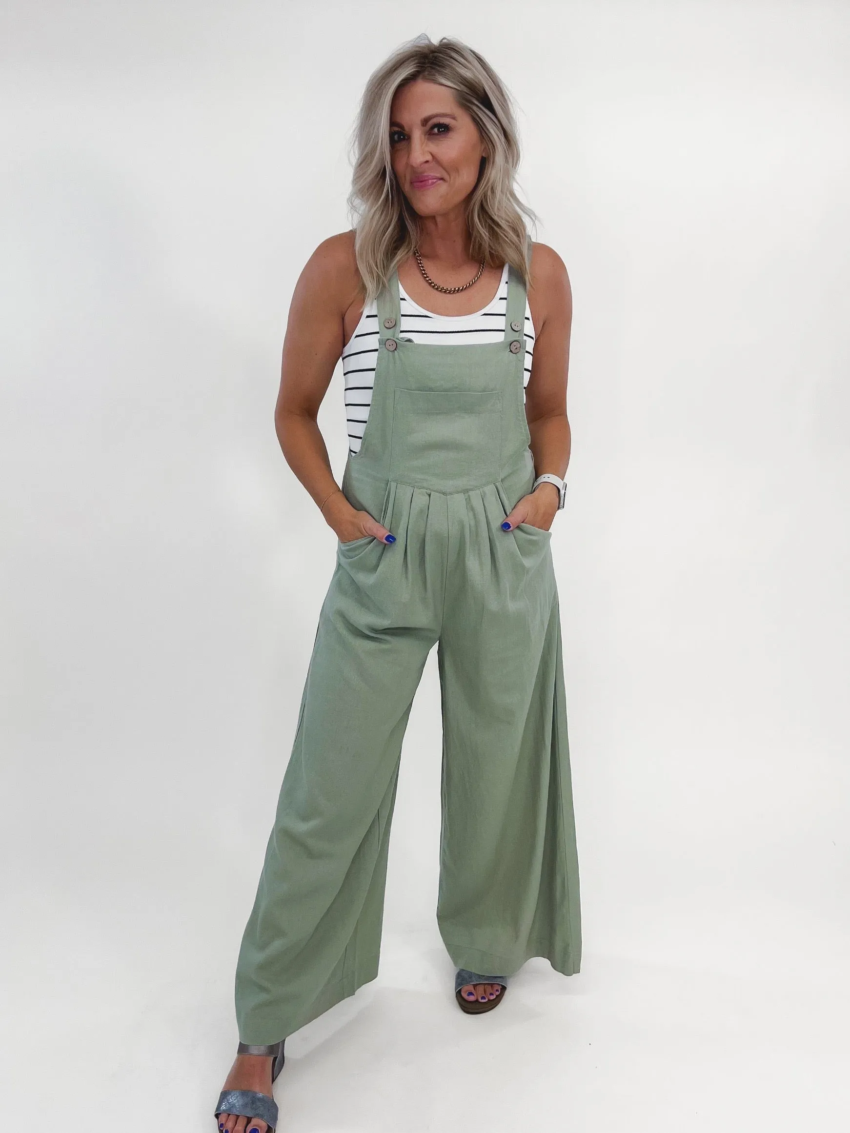 Effortlessly Chic Linen Wide Leg Overalls, Sage