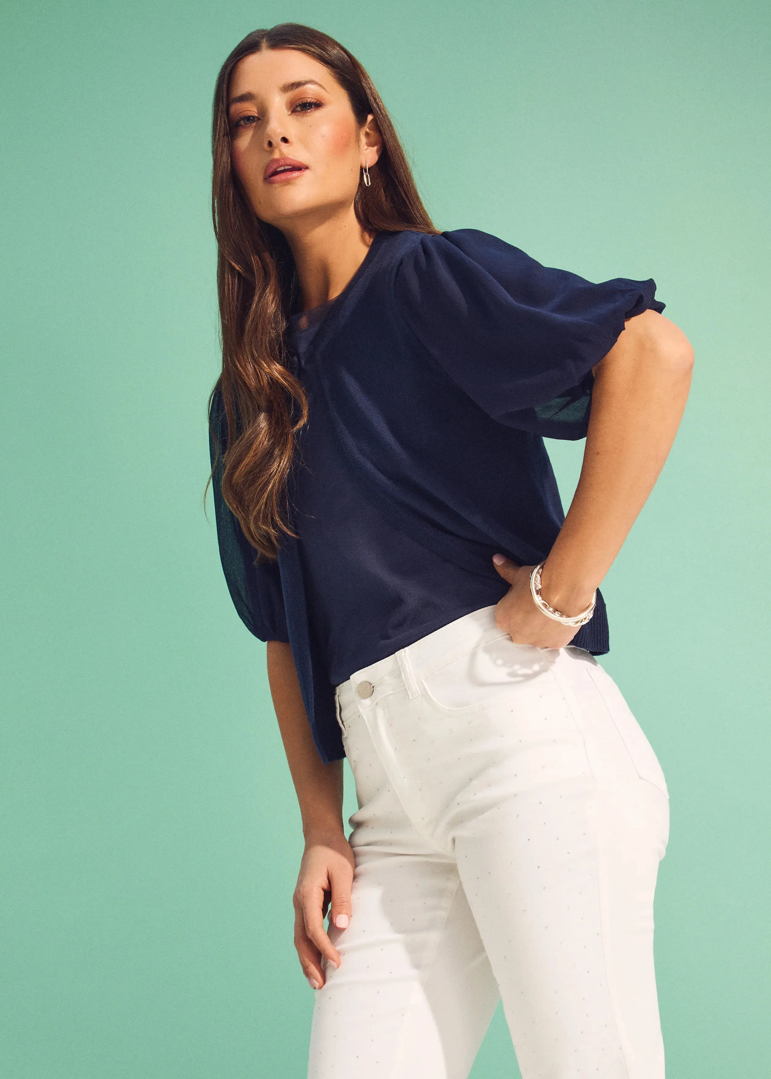 Eliana Elbow Sleeve Cardigan, Navy - FDJ French Dressing 1225787
