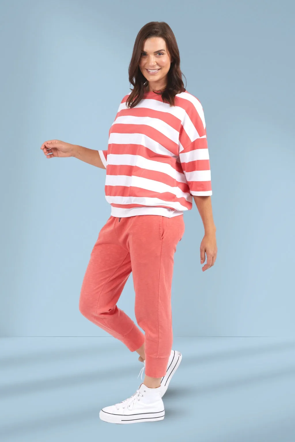 Elm Maizie Block Stripe Sweat Watermelon Crush and White Stripe