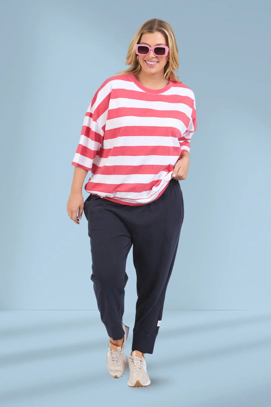 Elm Maizie Block Stripe Sweat Watermelon Crush and White Stripe