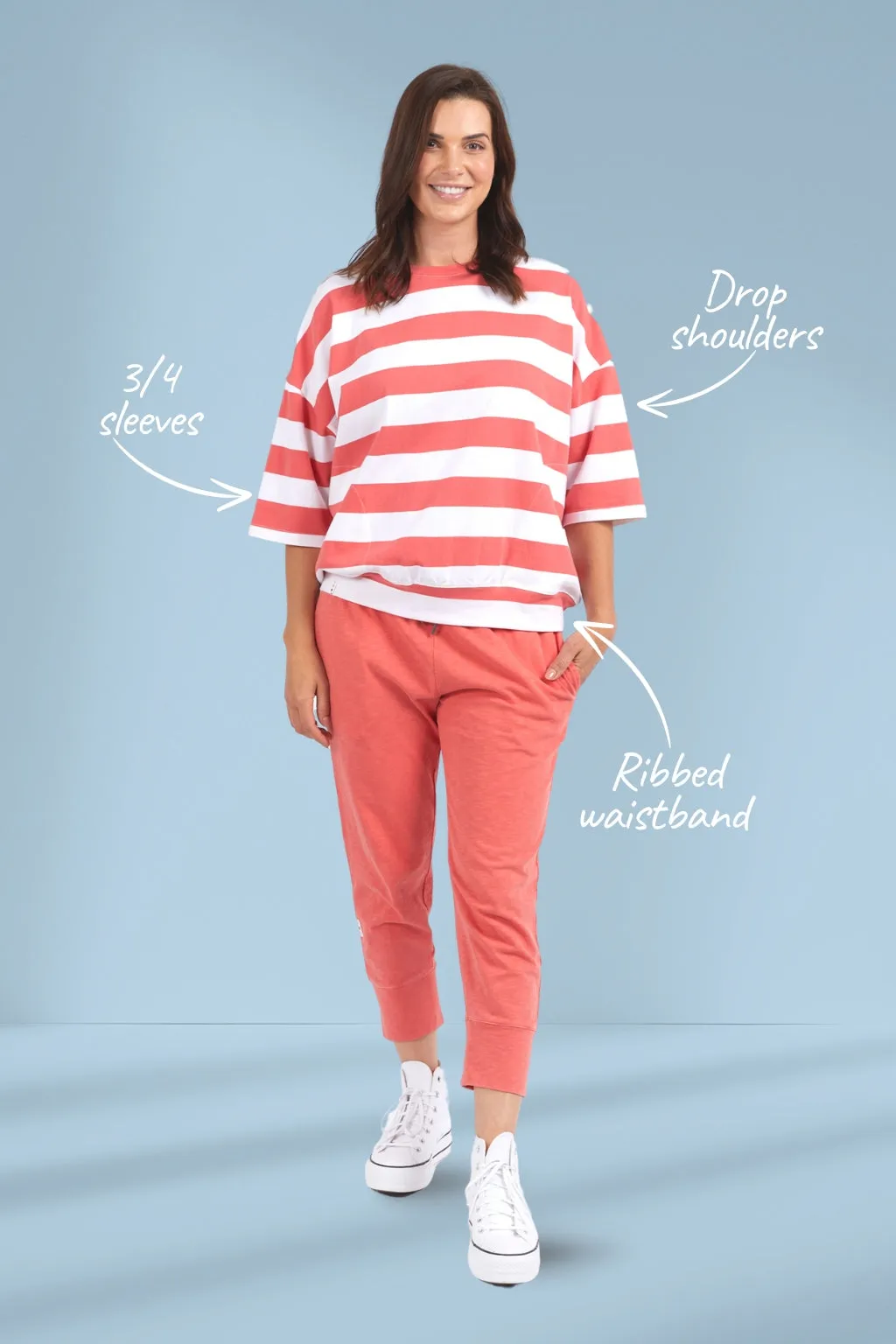 Elm Maizie Block Stripe Sweat Watermelon Crush and White Stripe