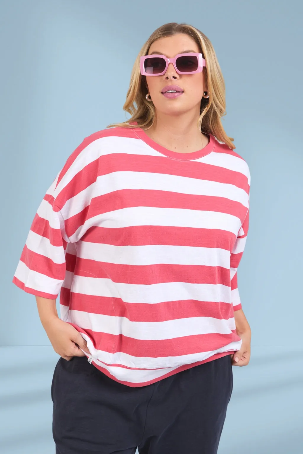 Elm Maizie Block Stripe Sweat Watermelon Crush and White Stripe