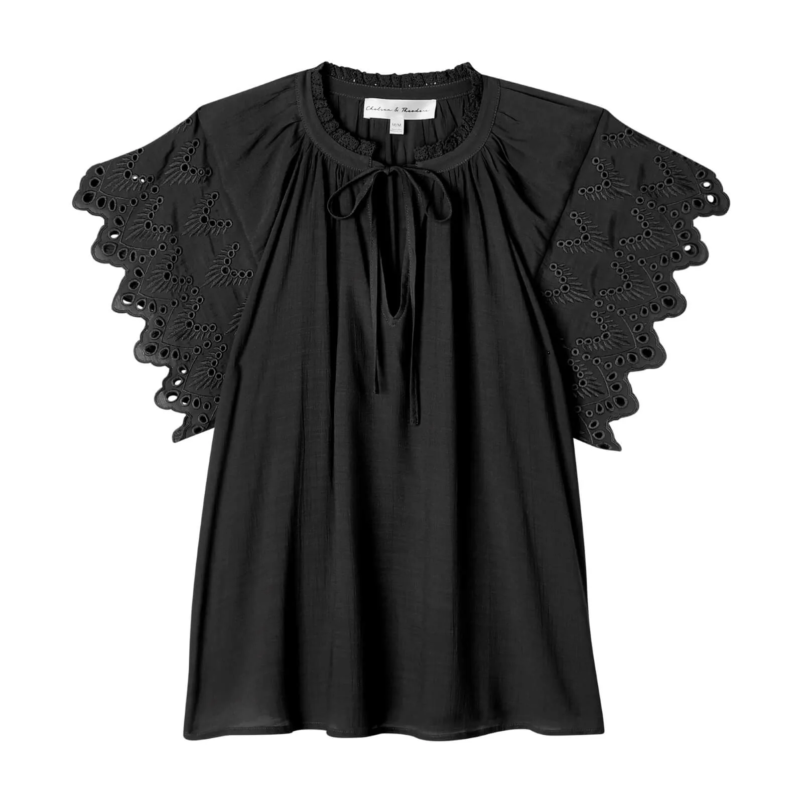 Embroidered Sleeve Tie Neck Top