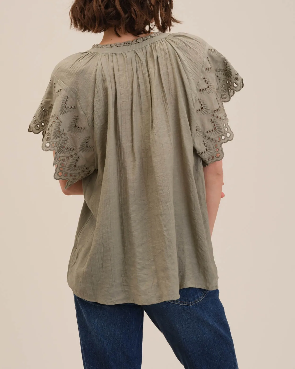 Embroidered Sleeve Tie Neck Top