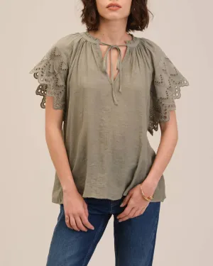 Embroidered Sleeve Tie Neck Top