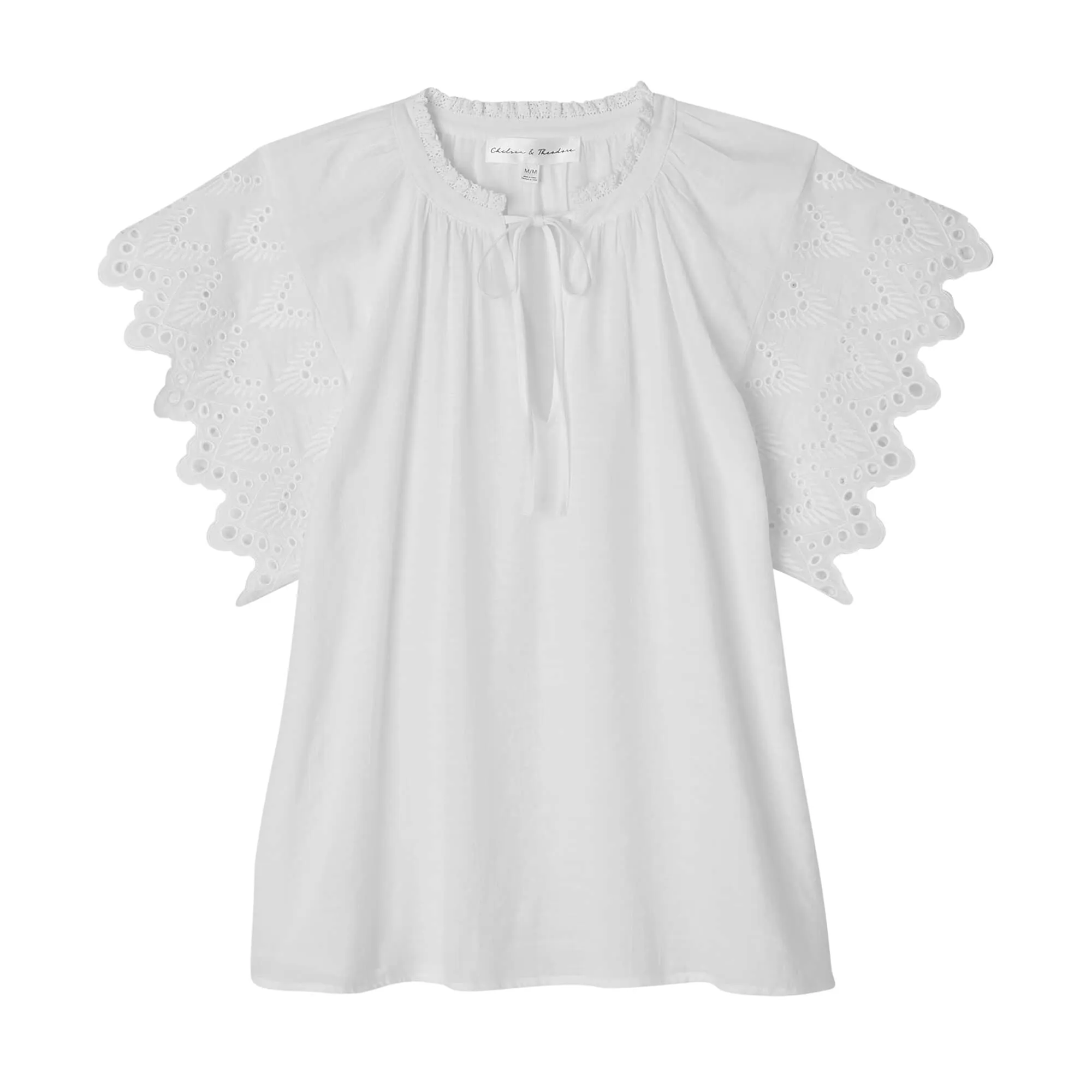 Embroidered Sleeve Tie Neck Top