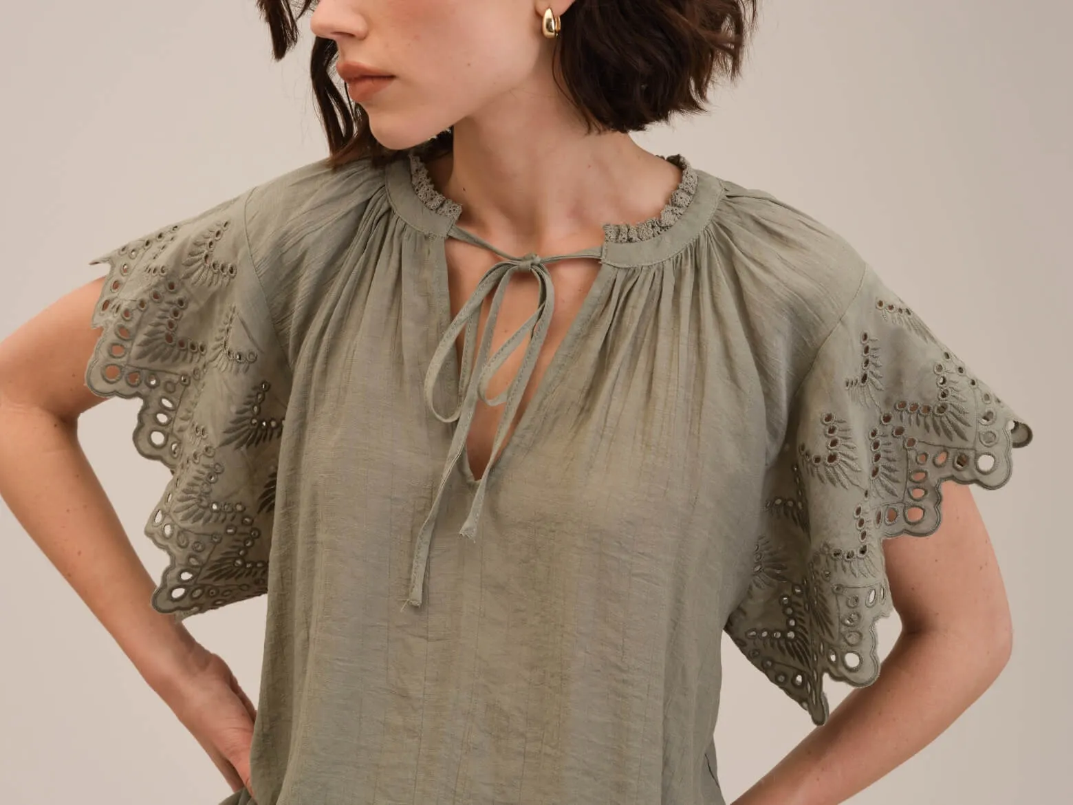 Embroidered Sleeve Tie Neck Top
