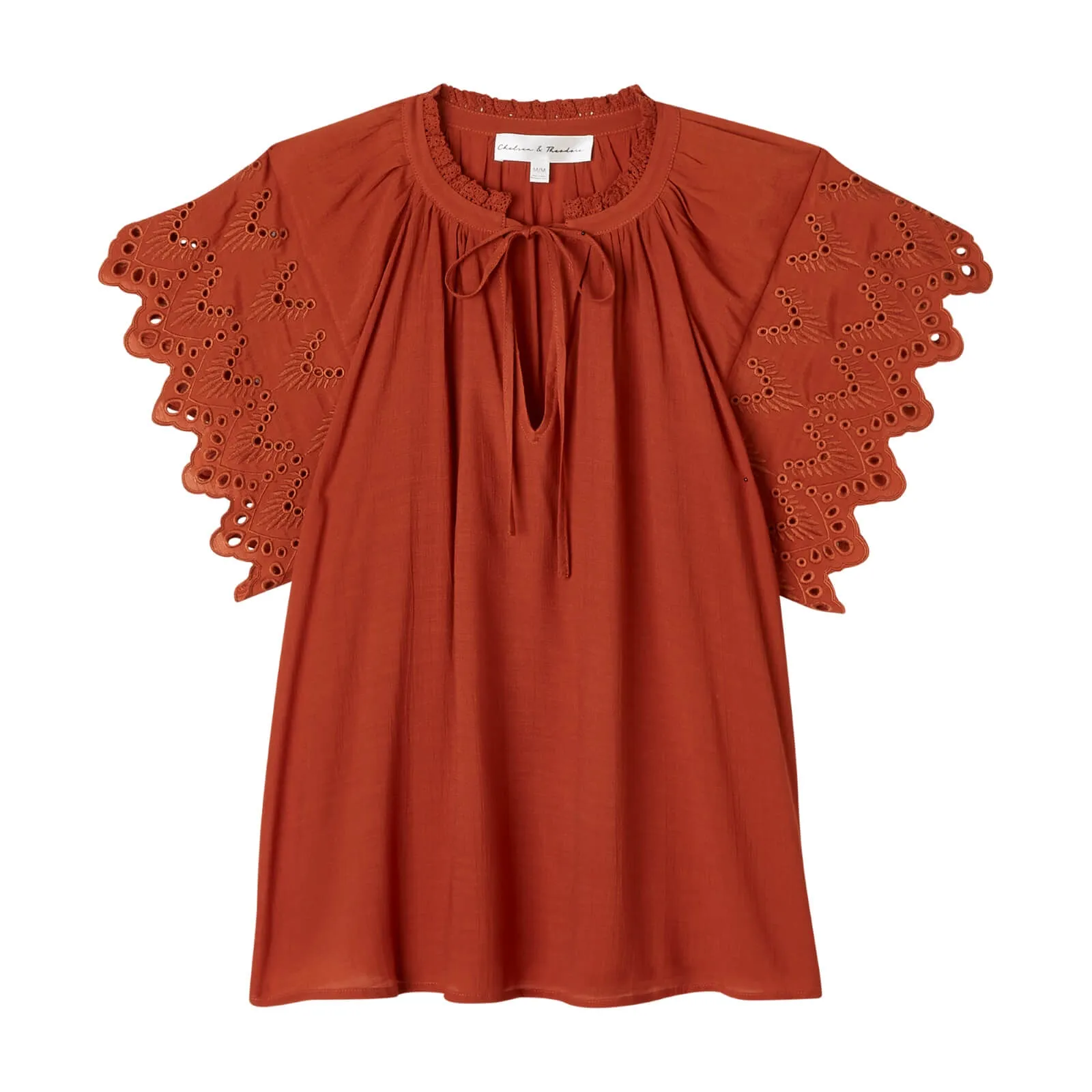 Embroidered Sleeve Tie Neck Top