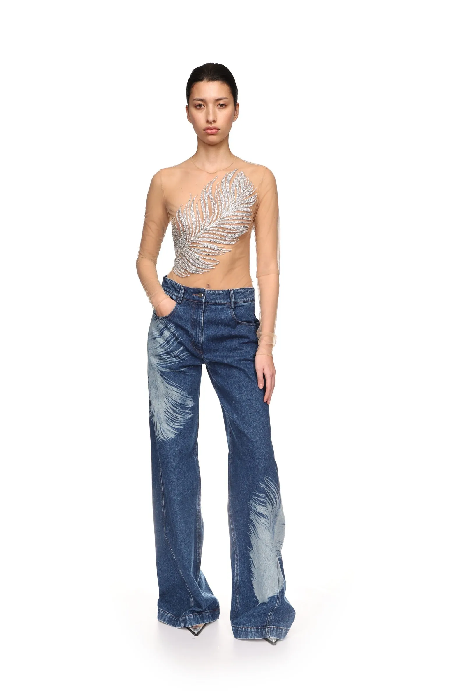 FEATHER PRINT WIDE LEG DENIM TROUSERS