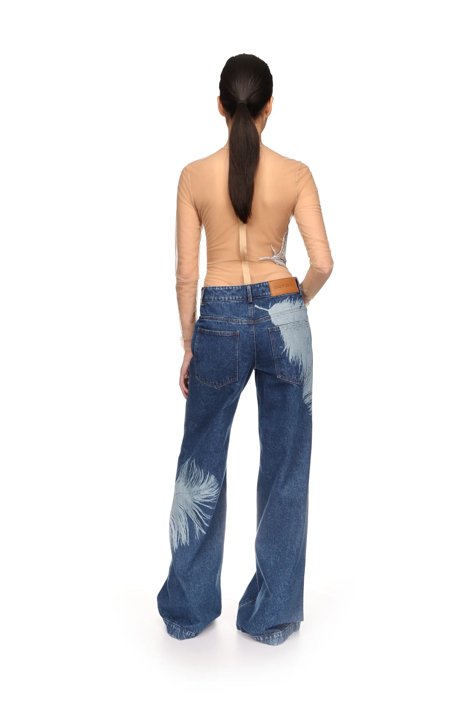 FEATHER PRINT WIDE LEG DENIM TROUSERS