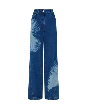 FEATHER PRINT WIDE LEG DENIM TROUSERS