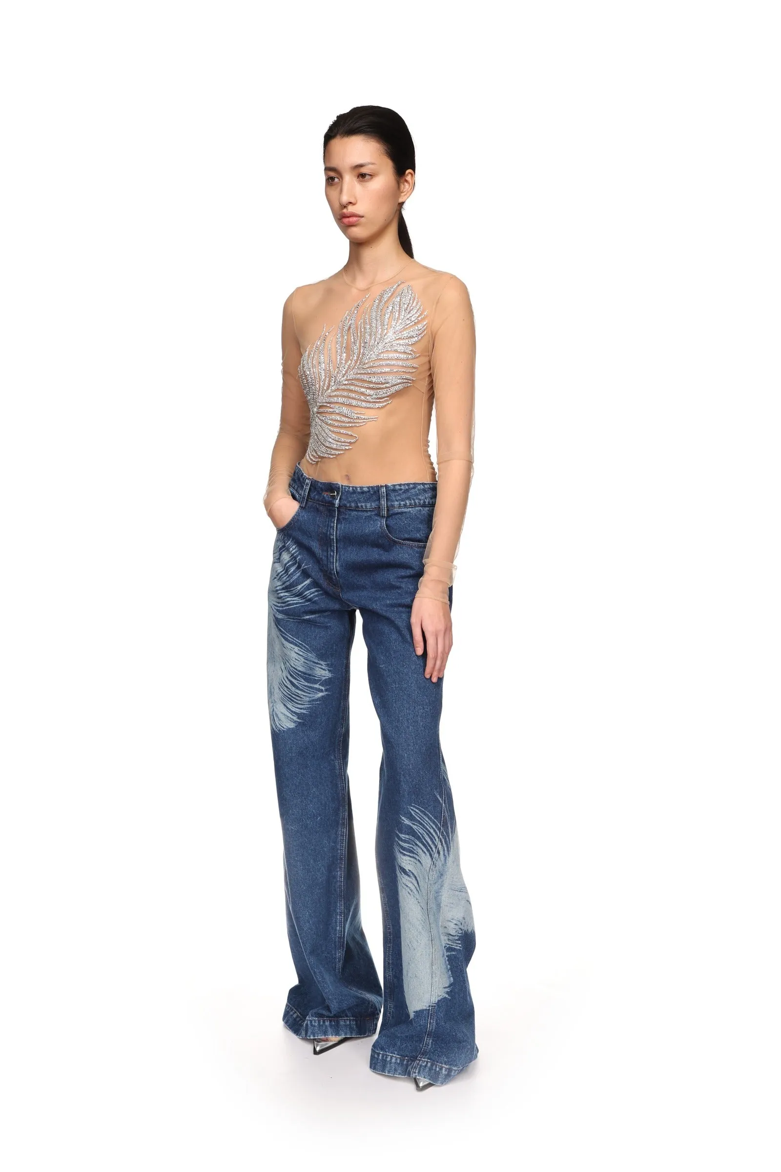 FEATHER PRINT WIDE LEG DENIM TROUSERS