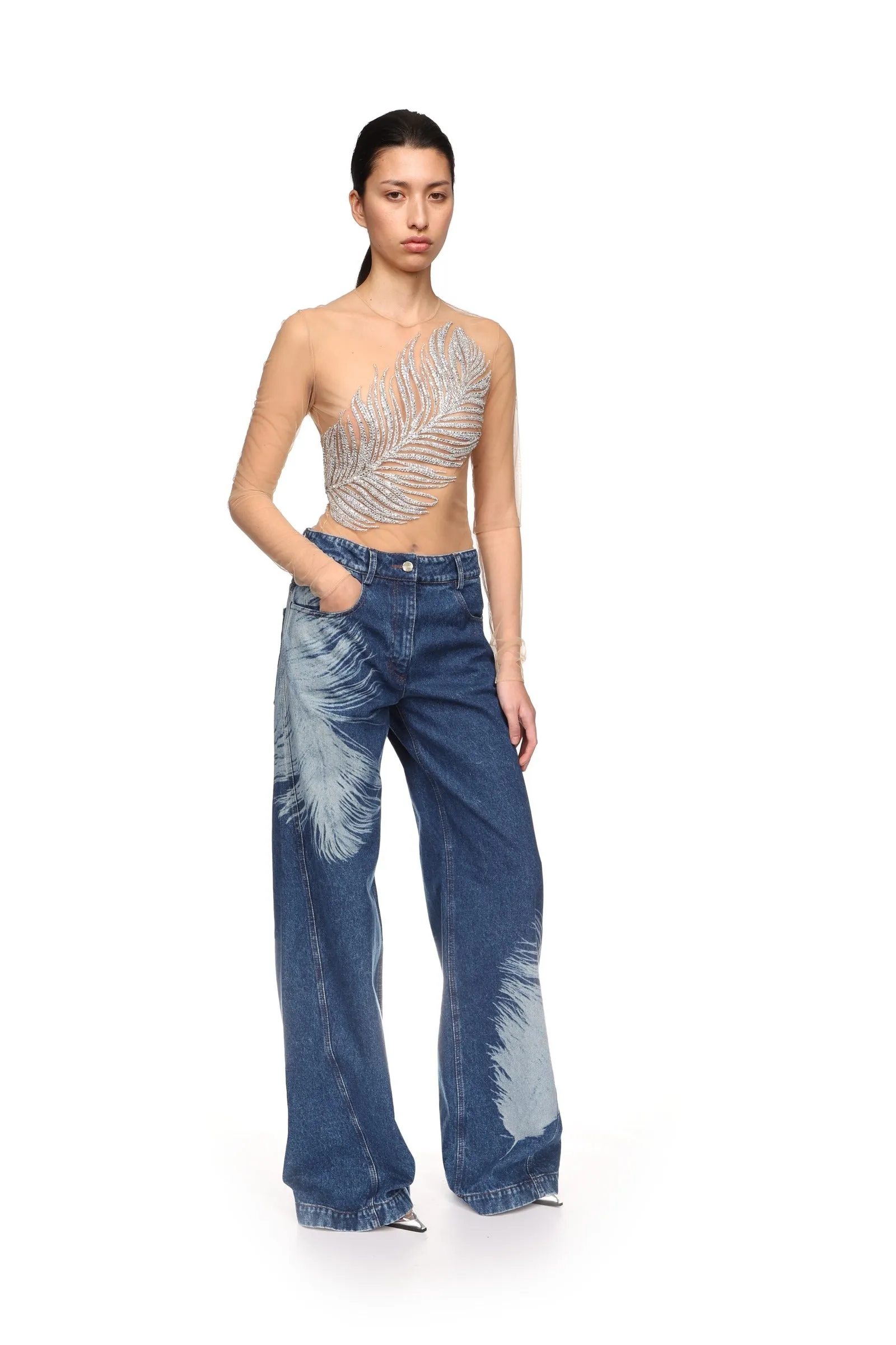 FEATHER PRINT WIDE LEG DENIM TROUSERS