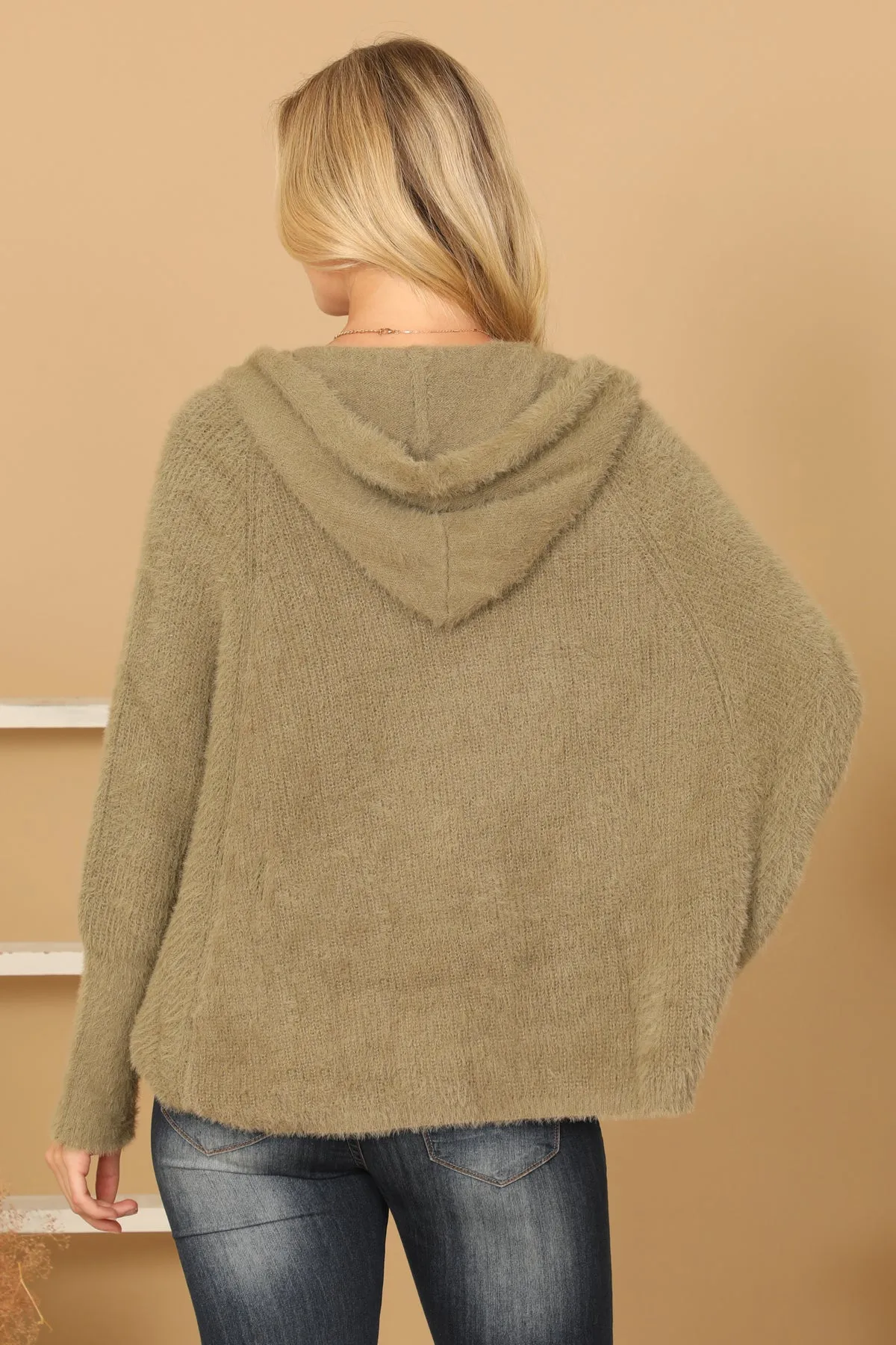 FLUFFY KNIT DOLMAN SLEEVE HOODIE CARDIGAN