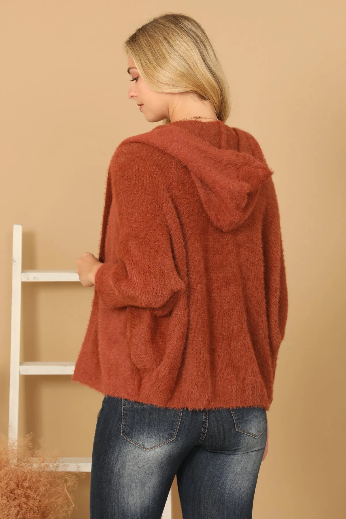 FLUFFY KNIT DOLMAN SLEEVE HOODIE CARDIGAN