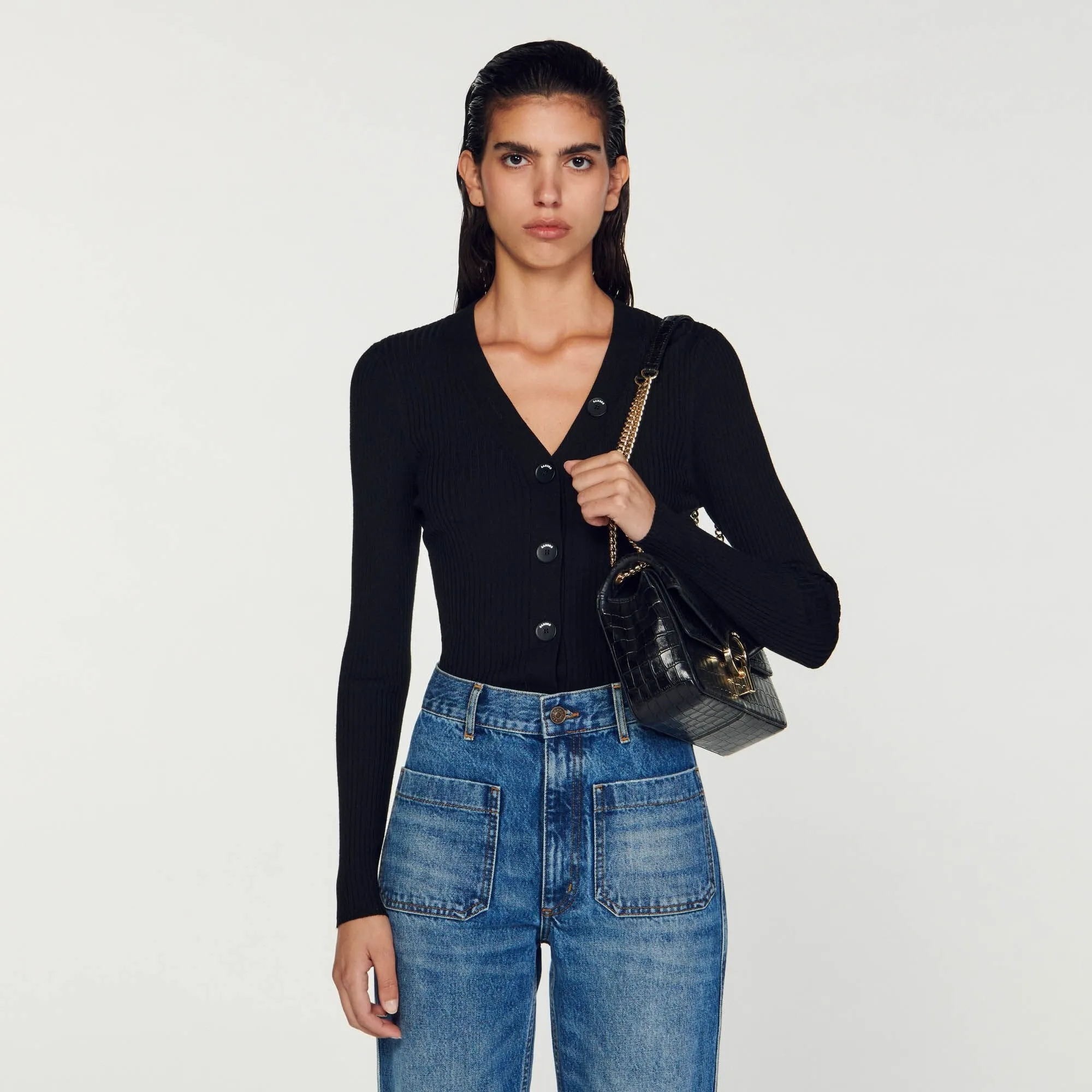 Gabrielle Fine Ribbed Knit Cardigan Black